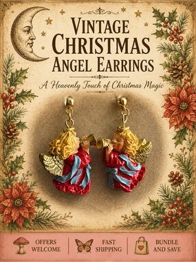 Vintage Christmas Angel Dangle Earrings Cherub Trumpet Holiday Jewelry